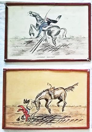 Coppia di disegni caricaturali a colori su tecniche di cavalcata - circa 1940.