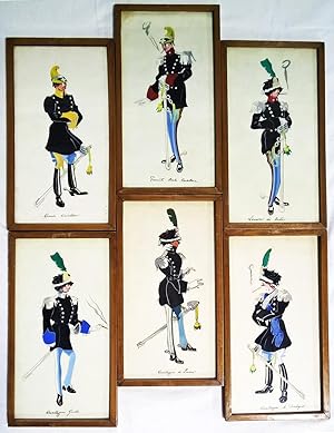 Sei disegni caricaturali a colori di uniformi di cavalleria - circa 1940.