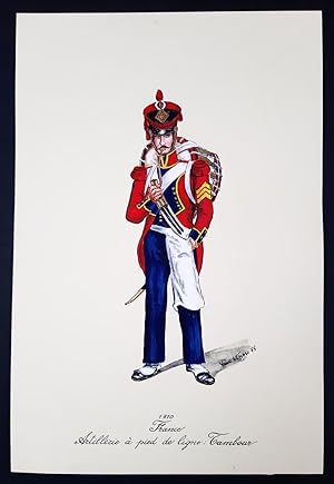 Artillerie a pied de ligne: Tambour - Uniformi francesi - Tempera di Tino Vescovo - 1975.
