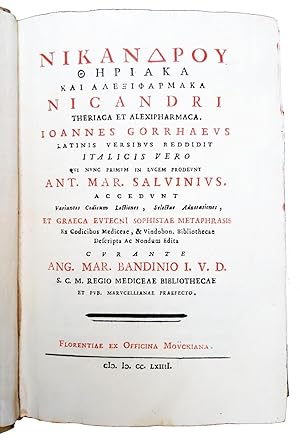 Nikandrou Theriaka kai Alexipharmaka Nicandri Theriaca et Alexipharmaca. Ioannes Gorrhaeus Latini...