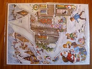 beglimmerter Adventskalender, farbig illustriert, Motiv: Weihnachtsmann und Kinder auf im Dorf, v...