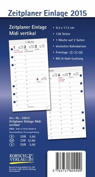 Zeitplaner Einlage Midi vertikal, Kalender 2015
