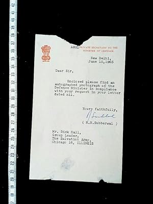 ORIGINAL Brief des indischen Verteidigungsministers Yashwantrao Chavan mit Briefkopf handsigniert...