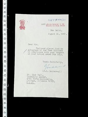 ORIGINAL Brief des indischen Inneministers Yashwantrao Chavan mit Briefkopf handsigniert von dess...