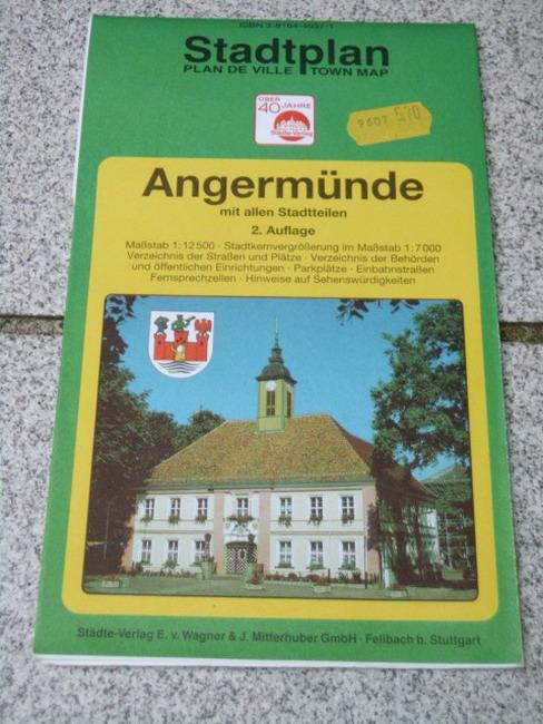 Stadtplan Angermünde] ; Stadtplan, plan de ville, town map Angermünde : mit allen Stadtteilen ; Stadtkernvergrösserung 1:7000, Verzeichnis der Strassen und Plätze, Verzeichnis der Behörden und öffentlichen Einrichtungen, Parkplätze, Einbahnstrassen, Ferns