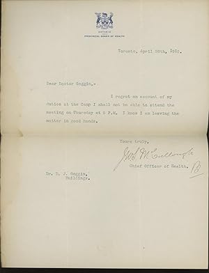 TLS from John W. S. McCullough, the Chief Office of Health of Ontario, Canada to Dr. D. J. Goggin