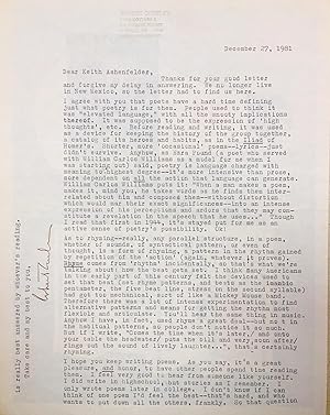 Typed letter, December 27, 1981, on poetry and prosody