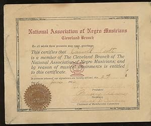 Member Certificate for the Association of Negro Musicians, Cleveland Branch