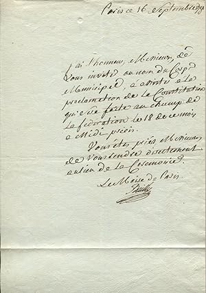 Lettre signée Bailly, datée de Paris 16 septembre 1791. Invitation "au nom du corps municipal, à ...