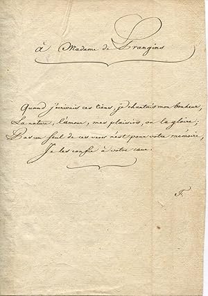 A Madame de Prangins : "Quand j'écrivais ces rimes, je chantais mon bonheur, La nature, l'amour, ...