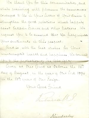 Lettre manuscrite en anglais, signée Victoria de son tampon, contresignée Kimberley, datée "Court...