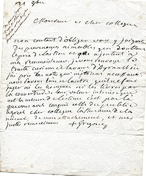 Lettre autographe signée GREGOIRE, précédé d'une croix, datée 21 septembre sur papier filigrané à...
