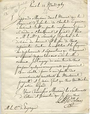 Lettre signée LPJ D'ORLEANS à M. le Comte de Puységur, datée Paris, 25 mars 1789. Nommé récemment...