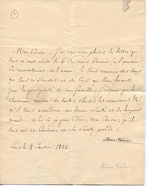 Lettre signée MARIE THERESE, au Cardinal BRANCADERO, datée Paris, 4 janvier 1822. Lettre de remer...