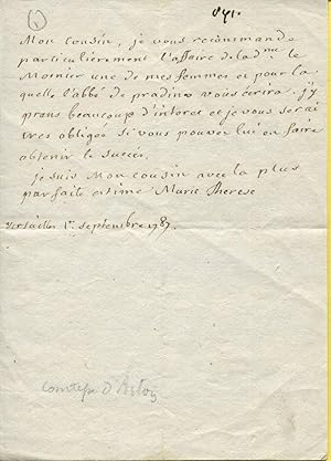 Billet autographe signé Marie Thérèse, daté Versailles 1er septembre 1787, à "son cousin" (Louis ...