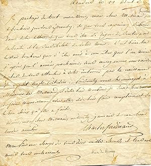 Lettre autographe signée Charles Ferdinand datée Londres 21 avril 1806, au Comte Mesnard. Lettre ...
