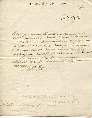 Lettre autographe signée LAPORTE à M. DUBOIS. Trésorier de la liste civile du Roi LOUIS XVI, le "...