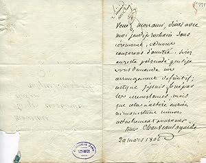 Billet autographe signé Chauveau Lagarde daté 20 mars 1806, adressé à M. Targe, censeur des étude...