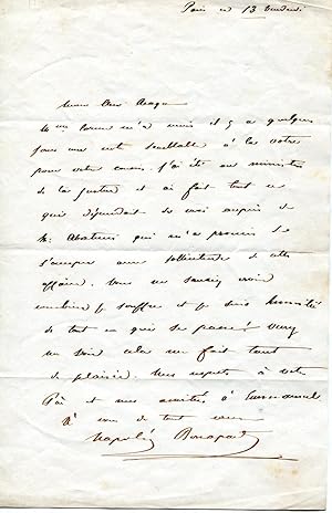 Lettre autographe signée Napoléon Bonaparte (futur Napoléon III) à François ARAGO. "A Paris ce 13...