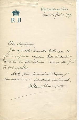 Lettre autographe signée Roland Bonaparte, de remerciement pour des félicitations reçues, à propo...