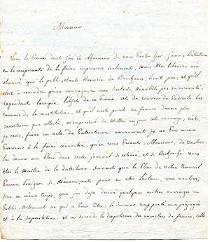 Lettre autographe signée Billaud de Varenne, ancien avocat au parlement, à un journaliste, datée ...