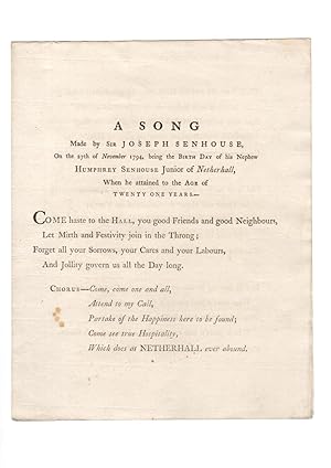 A song made by Sir Joseph Senhouse, on the 27th of November 1794, being the birth day of his neph...