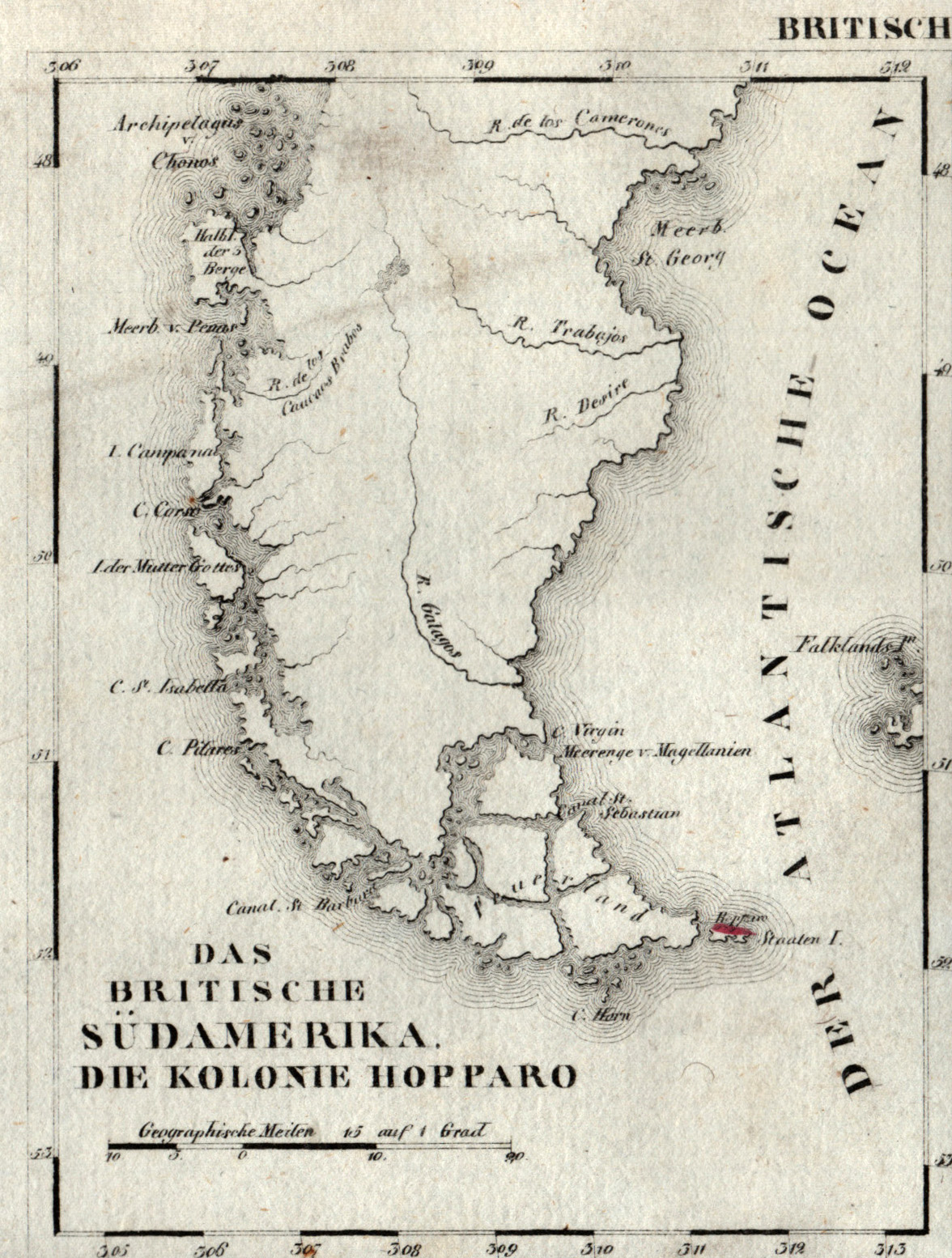 Litho Karte Aus Schliebens Atlas Von Europa Das Britsche Sudamerika Die Kolonie Hopparo Von Magellanstrasse Feuerland Karte Antiquariat Clemens Paulusch Gmbh