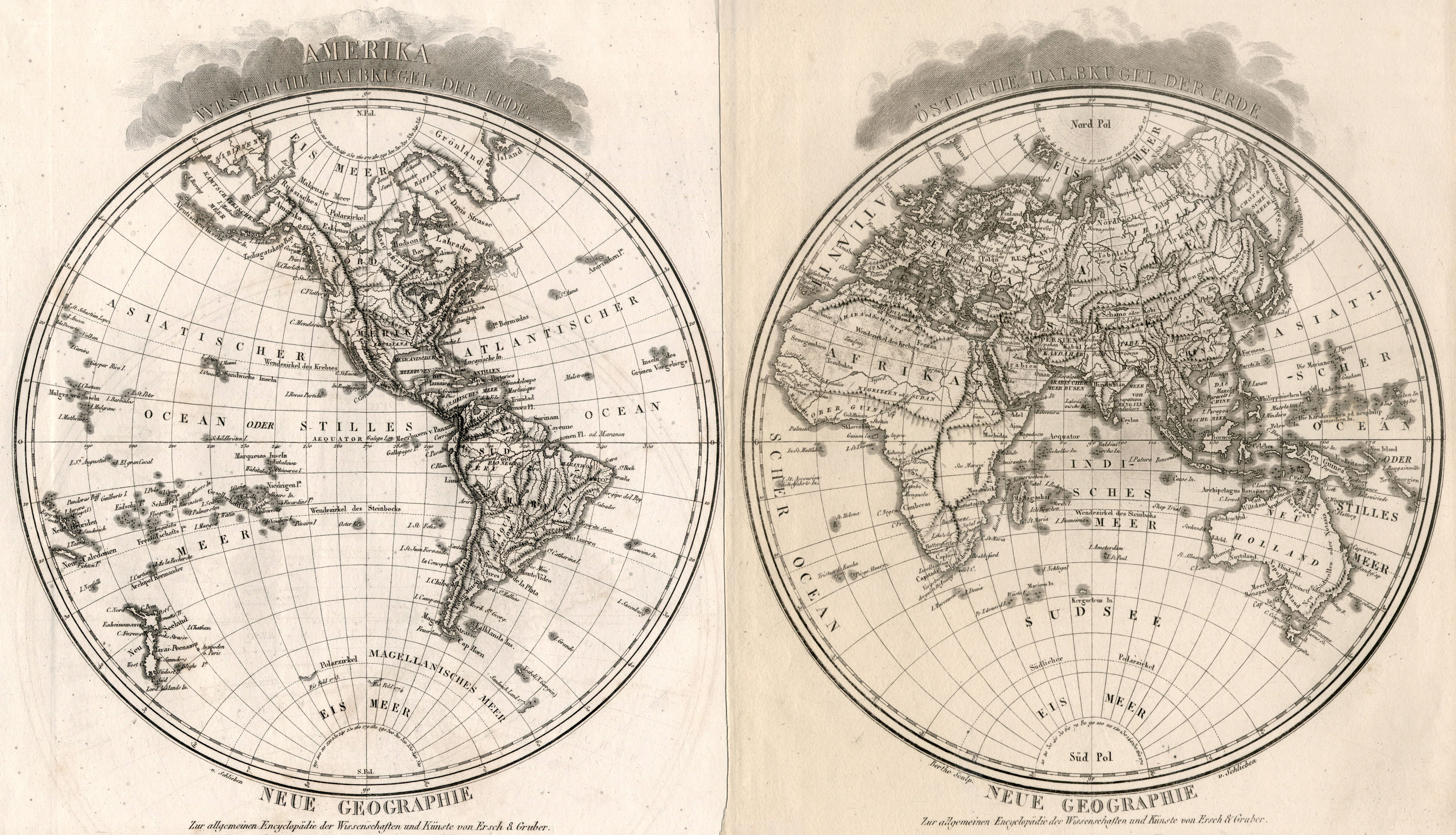 Kupferstich Karte 2 Blatt V Berthe N Schlieben Amerika Westliche Halbkugel Der Erde Und Ostliche Halbkugel Der Erde Von Weltkarte World Karte Antiquariat Clemens Paulusch Gmbh