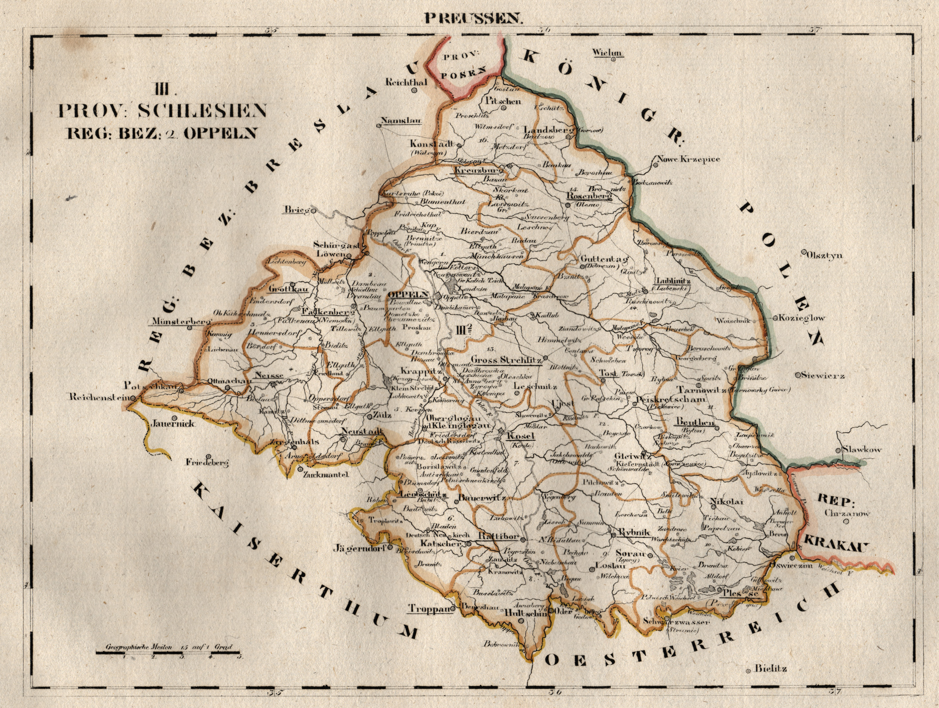 Litho.- Karte, aus Schliebens Atlas von Europa, "Prov. Schlesien. Reg