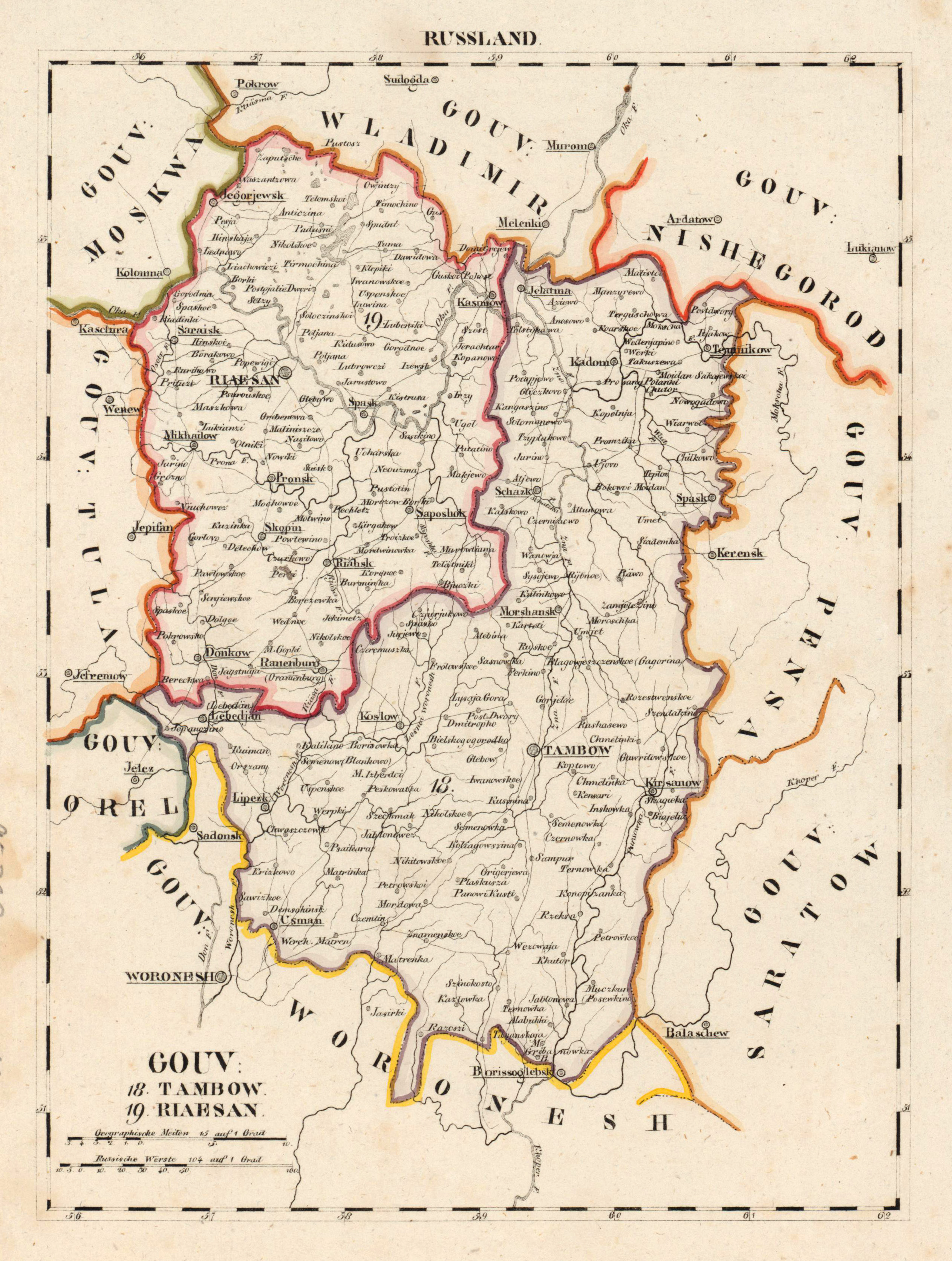 Lithografie Karte Aus Schliebens Atlas Von Europa Gouv 18 Tambow 19 Riaesan By Russland Russia Ryazan Tambov Map Antiquariat Clemens Paulusch Gmbh