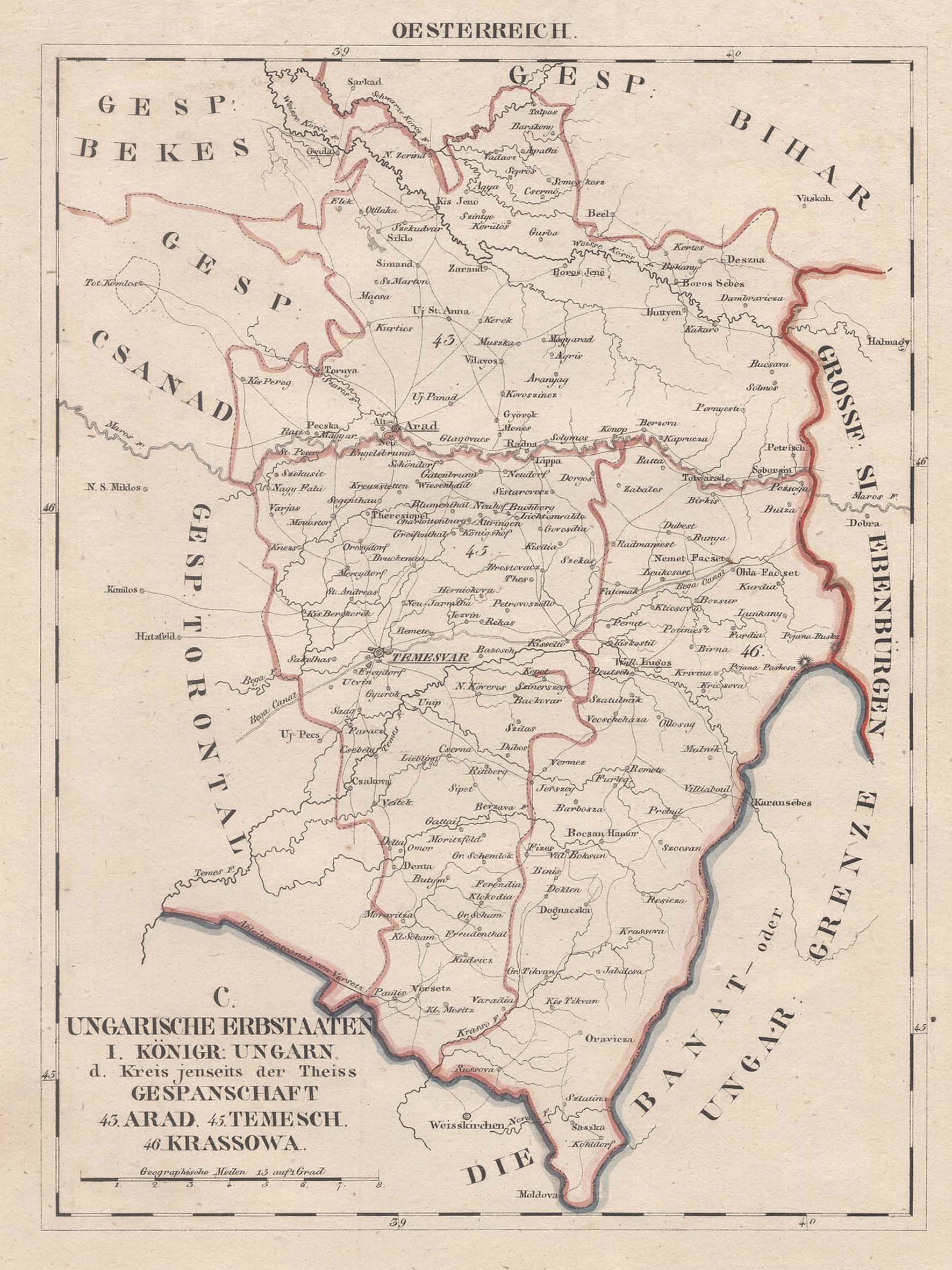 Lithografie Karte Aus Schliebens Atlas Von Europa C Ungarische Erbstaaten I Konigreich Ungarn D Kreis Jenseits Der Theiss Gespannschaft 43 Arad 45 Temesch 46 Krassowa De Rumanien Romania Siebenburgen