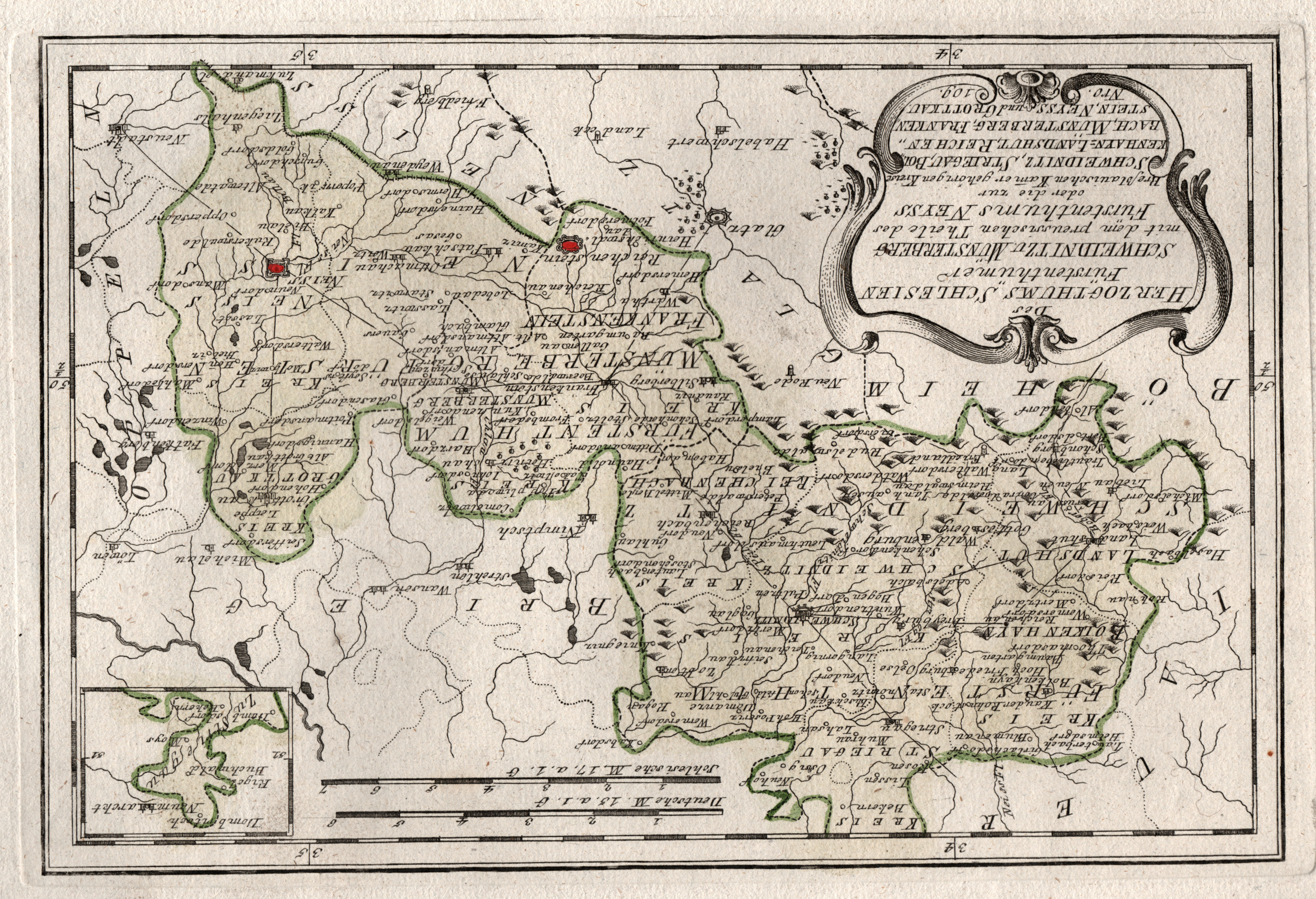 Kupferstich- Karte, b. Reilly, "Des Herzogthums Schlesien Fürstenthümer
