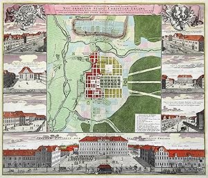 Stadtplan, am rechten und linken Rand je 3 Ansichten und 1 Wappen, am unteren Rand Ansicht des Re...