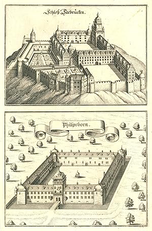 TA., Ansicht v. Schloß Saarbrücken (12,5 x 17,5) und Schloß Philipsborn (14 x 17,5), 2 Ansichten ...