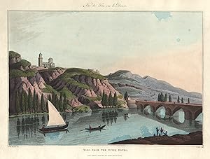 Landschaftsansicht, mittig eine Brücke über den Fluß, links im Hintergrund ein Kloster, "Toro fro...