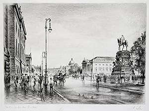 Berlin, Unter den Linden, Blick Richtung Stadtschloß mit vielen Personen und Kutschen.