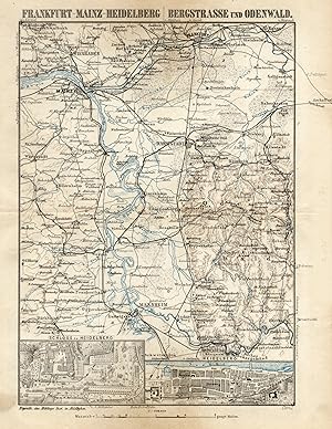 Litho.- Karte, b. B.I., "Frankfurt-Mainz-Heidelberg, Bergstrasse und Odenwald".