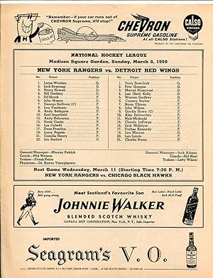 NY Rangers vs Detroit red Wings NHL Game Program Insert 3/8/1959-Ed Shack-VF