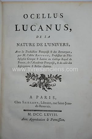 De la nature de l'univers Avec la Traduction Françoise & des Remarques, par M. l'Abbé Batteux.