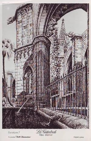 BARCELONA. La catedral. Patio interior. Original a pluma. Postal 14x9, sin circular.