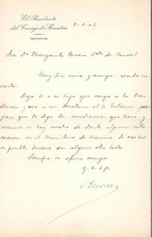 CARTA A MARGARITA CERVERA, Viuda de Candel, citando a su hijo para buscarle colocación en el Mini...