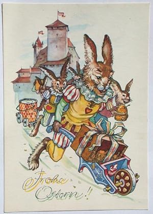 Osterhase mit Schubkarre vor Nürnberger Burganlage