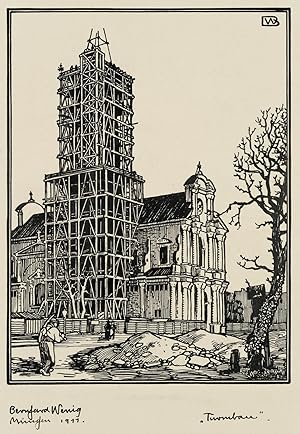 "Turmbau", Baustelle der Neuen Pfarrkirche St. Margaret in München-Sendlingen 1911