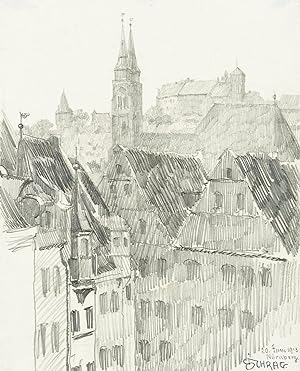 Dachlandschaft in Nürnberg mit Sebalduskirche und Burg 1913