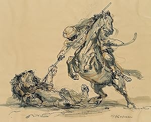 Orientale zu Pferd streckt einen Löwen nieder um 1914