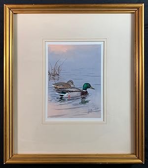 Pair of Ducks on a Pond, SIGNED 17 x 12 cm