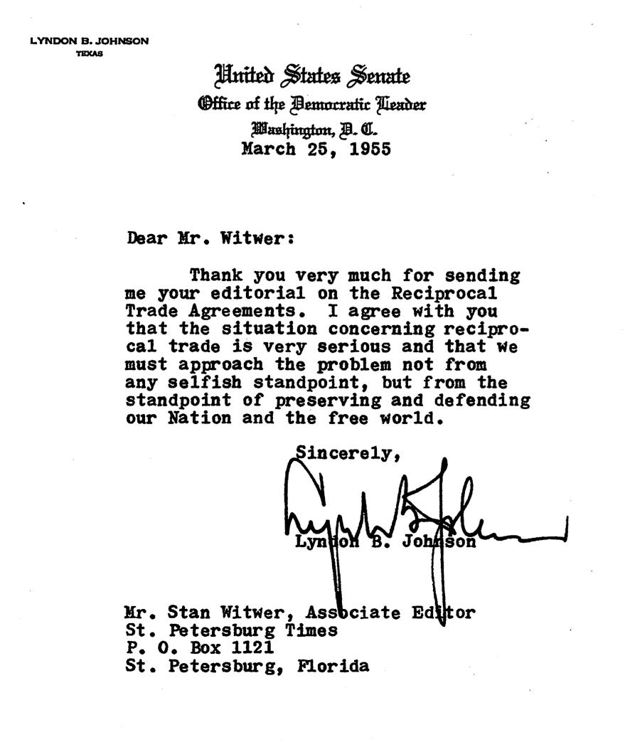 PRESIDENT LYNDON B. JOHNSON - TYPED LETTER SIGNED 3/25/1955