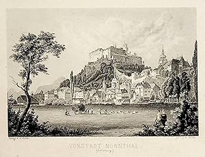 SALZBURG, Nonntal gegen die Festung Hohensalzburg Ansicht ca. 1850 Titel: Vorstadt Nonnthal