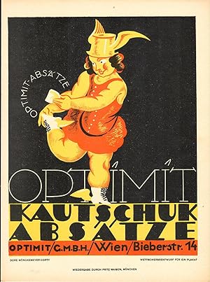 OPTIMIT KAUTSCHUK ABSÄTZE (1919). 3-farbige Original-Kreide-Lithografie. Format: 19,4 X 24,4 cm; ...