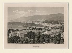 Hongkong mit Hafen. Stahlstich (1884) Bildformat: 9,3 x 14,3 cm, hinter Passepartout montiert. An...